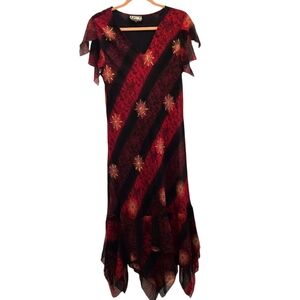 Vintage Y2K Dress 16 Black Red Vneck Sequin Embellished Asymmetrical Dark Fairy